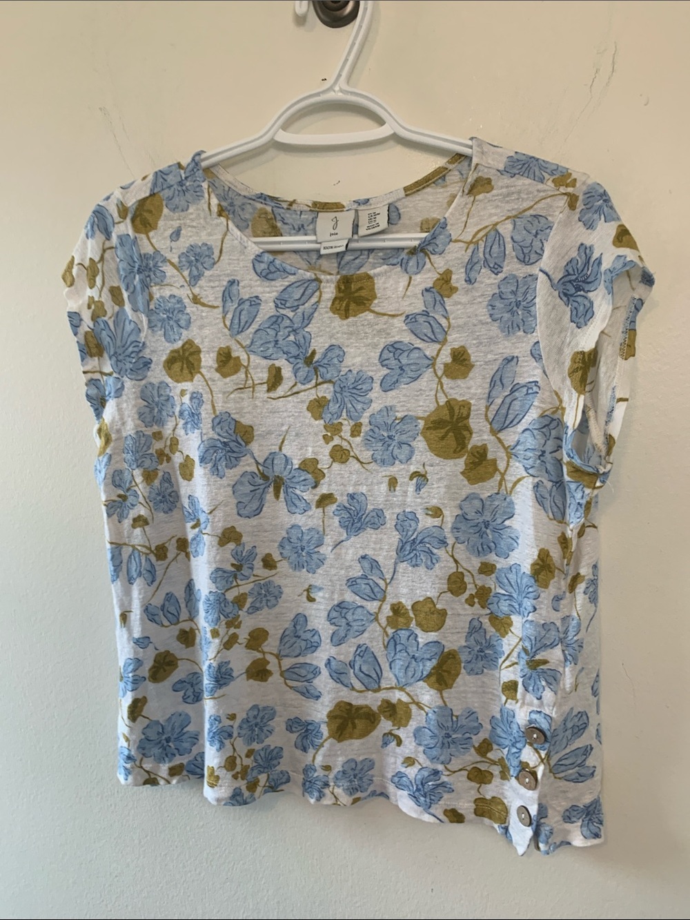 Joie Floral Cap-Sleeve Tee in Blue & Olive 100% Linen - Picture 3 of 7